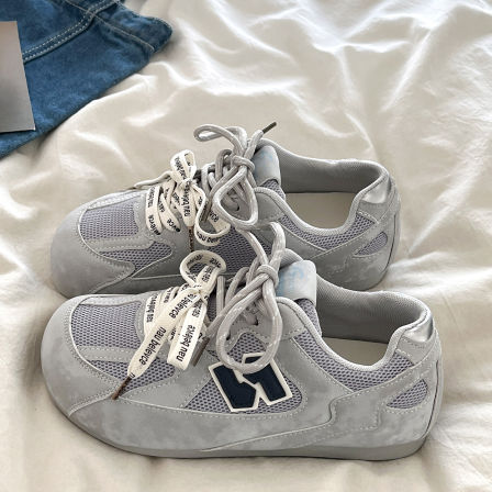 网面透气灰色德训鞋女2026春季新款厚底内增高小白鞋休闲阿甘鞋子