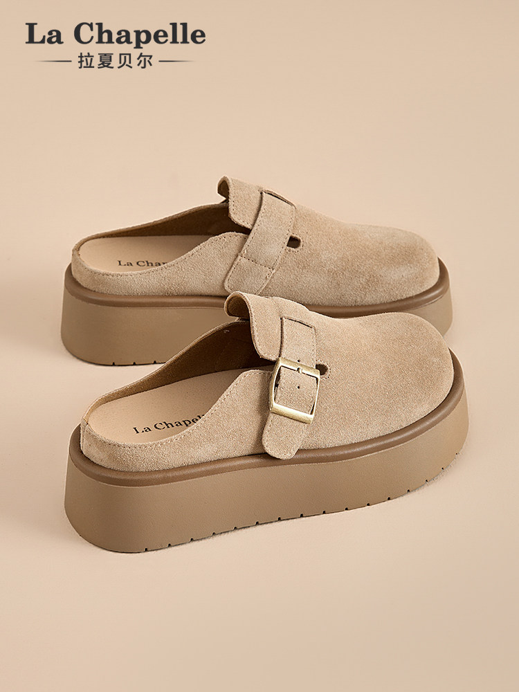 拉夏贝尔真皮勃肯鞋女2026春季新款一脚蹬舒适半拖懒人鞋厚底博肯主图