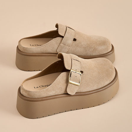 拉夏贝尔真皮勃肯鞋女2026春季新款一脚蹬舒适半拖懒人鞋厚底博肯