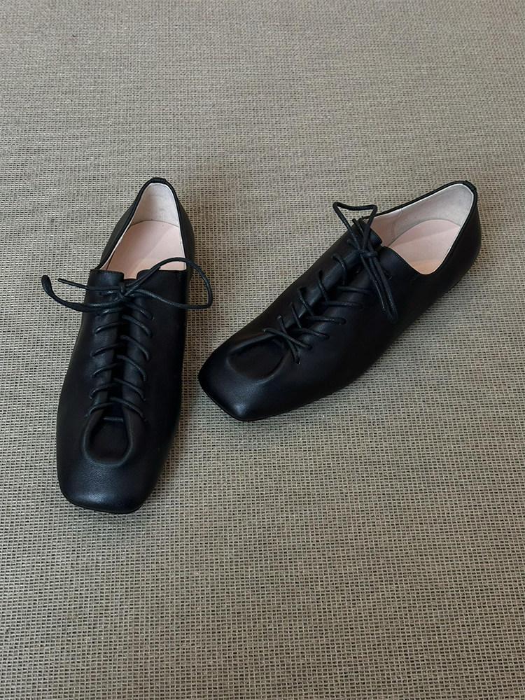 羊皮版~法式复古风黑色系带平底单鞋女通勤百搭老钱风深口小皮鞋主图