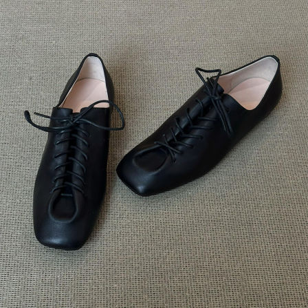 羊皮版~法式复古风黑色系带平底单鞋女通勤百搭老钱风深口小皮鞋