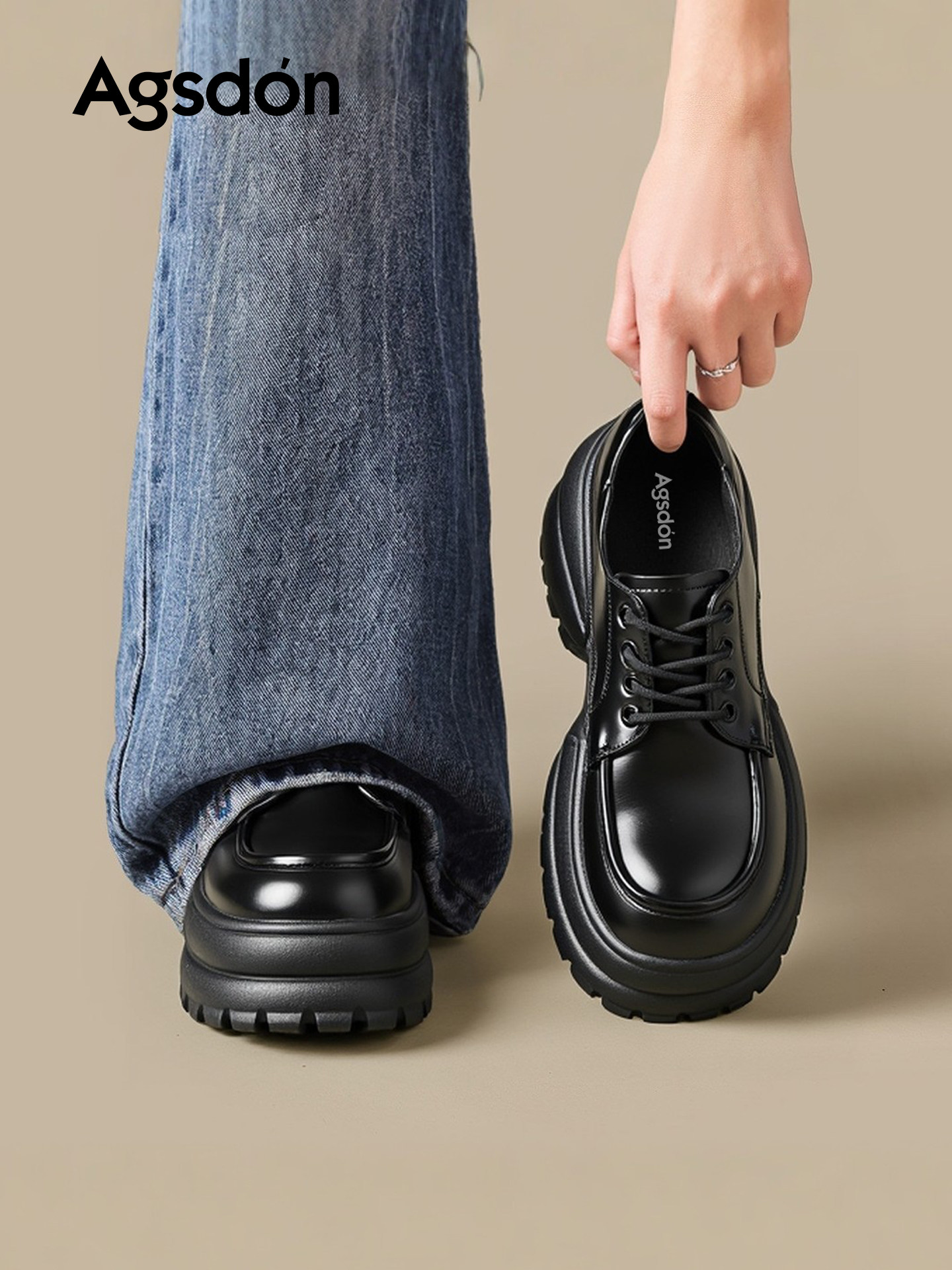 奥古狮登厚底黑色乐福鞋女2026春季新款增高英伦风小皮鞋通勤单鞋主图