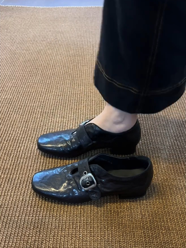 羊皮版~复古真皮深空乐福鞋女皮带扣方头百搭通勤单鞋显瘦小皮鞋主图