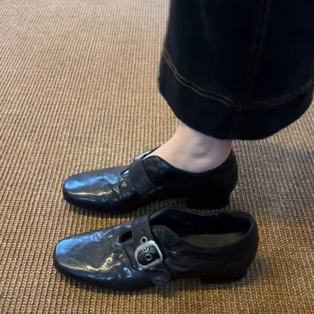 羊皮版~复古真皮深空乐福鞋女皮带扣方头百搭通勤单鞋显瘦小皮鞋