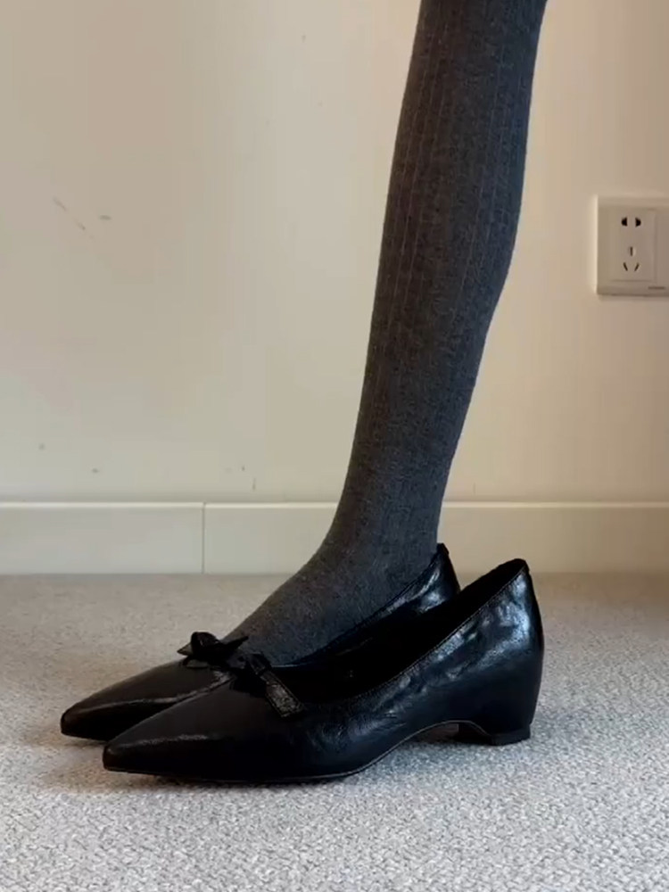 羊皮版~法式复古风内增高通勤工作鞋女一脚蹬尖头气质蝴蝶结单鞋主图