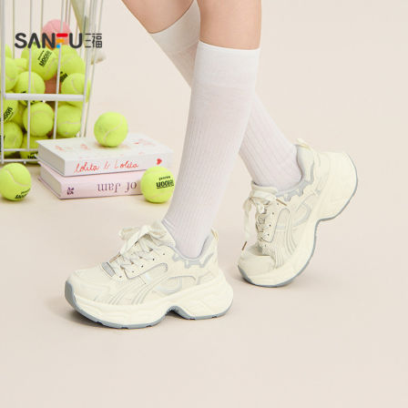 三福女运动鞋春季休闲潮酷系带流线网孔圆头老爹鞋女鞋855099