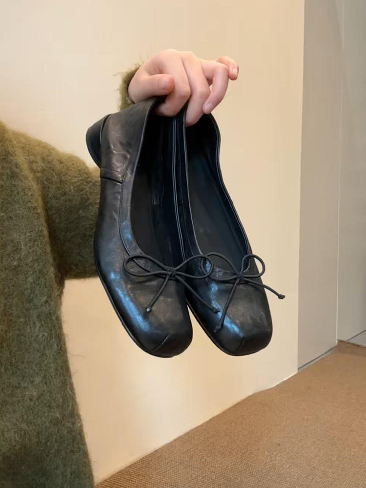 羊皮版~法式黑色真皮一脚蹬圆头单鞋女低跟时尚通勤蝴蝶结芭蕾鞋主图