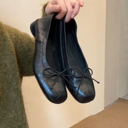 羊皮版~法式黑色真皮一脚蹬圆头单鞋女低跟时尚通勤蝴蝶结芭蕾鞋