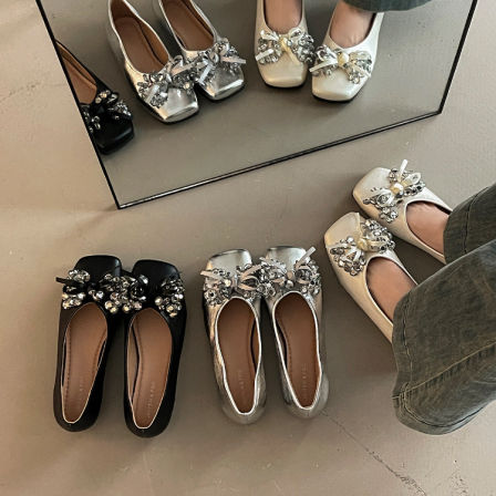 甜美风水钻蝴蝶结复古方头浅口玛丽珍鞋女2026少女百搭仙女风单鞋