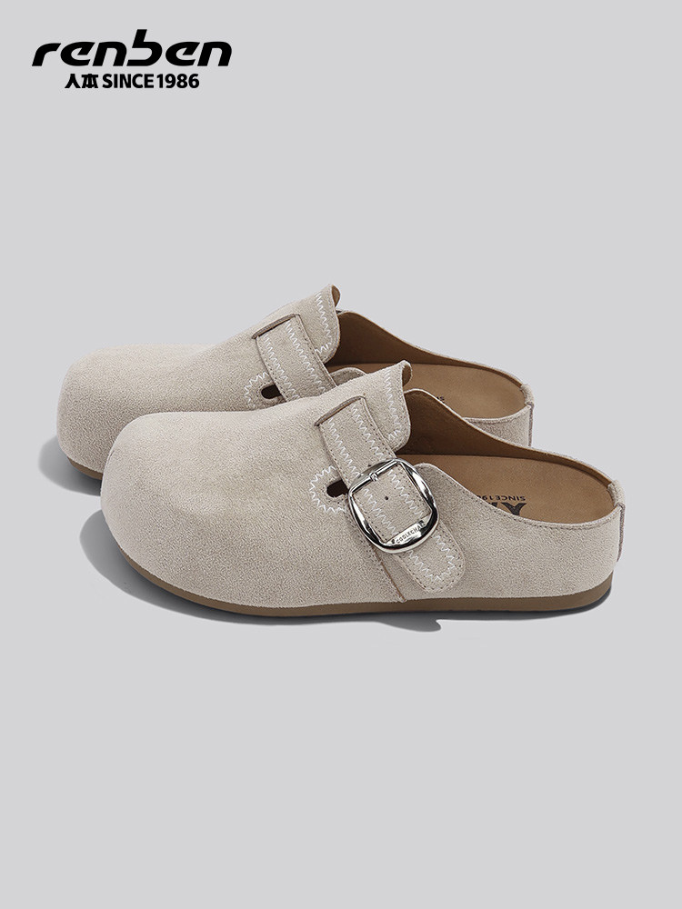 人本半拖勃肯鞋女2026春季新款内增高包头外穿驼色百搭通勤懒人鞋主图