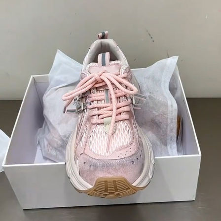 羊皮！老爹鞋女2026新款粉色圆头网面透气系带防滑耐磨跑步运动鞋