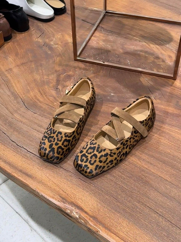 羊皮版~芭蕾风个性时髦方头豹纹玛丽珍鞋女设计感交叉带平底单鞋主图