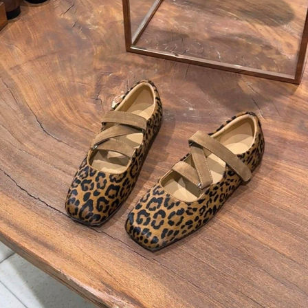 羊皮版~芭蕾风个性时髦方头豹纹玛丽珍鞋女设计感交叉带平底单鞋