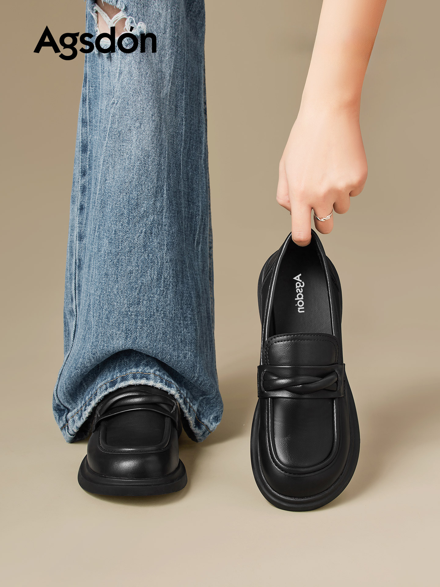 奥古狮登厚底乐福鞋女2026新款春季黑色单鞋子英伦风一脚蹬小皮鞋主图