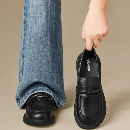 奥古狮登厚底乐福鞋女2026新款春季黑色单鞋子英伦风一脚蹬小皮鞋