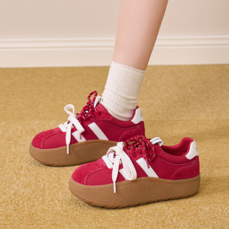 卓诗尼红色德训鞋女2026春季新款复古运动鞋厚底增高百搭休闲板鞋