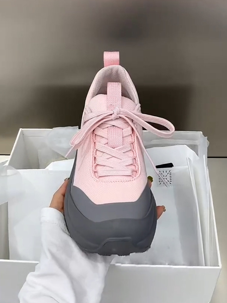 羊皮版！登山鞋女巨好看粉色圆头网面透气系带厚底瑜伽慢跑运动鞋主图