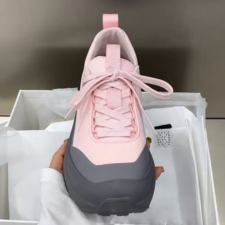 羊皮版！登山鞋女巨好看粉色圆头网面透气系带厚底瑜伽慢跑运动鞋