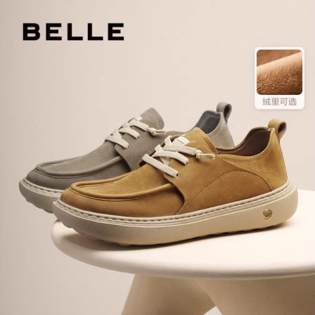 百丽男士2025新款厚底增高休闲鞋加绒男牛皮革户外工装鞋8VD01CM5