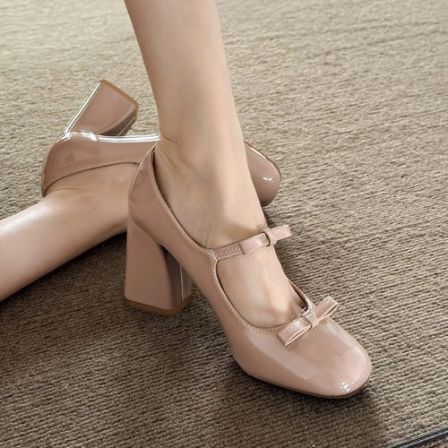 裸粉色漆皮高跟鞋女法式甜美蝴蝶结圆头粗跟玛丽珍鞋搭配裙子单鞋