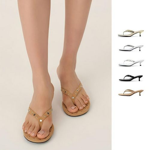 【ODTD】新品26春夏钉珠装饰夹脚小猫跟凉鞋女主图