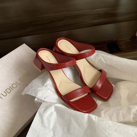 葡萄妈studiolee 巴黎街道~ 5cm法式方头一字带沙滩外穿粗跟凉拖