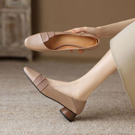 3.5cm 简约小众时尚百搭粗跟浅口单鞋春秋季法式气质舒适软底单鞋