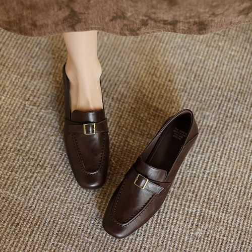 34-40码4cm粗跟|黑/棕|陈摸鱼方头复古一脚蹬通勤方扣单鞋乐福鞋主图