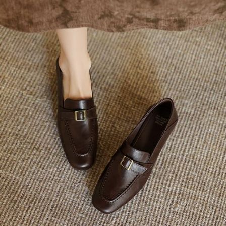 34-40码4cm粗跟|黑/棕|陈摸鱼方头复古一脚蹬通勤方扣单鞋乐福鞋