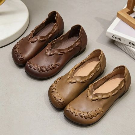 25721复古文艺范牛皮软底圆头舒适透气百搭新款休闲女单鞋