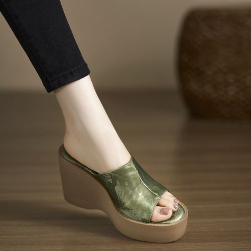 真皮女鞋9.5cm小个子不累脚厚底坡跟一字拖外穿凉拖性感鱼嘴凉鞋主图