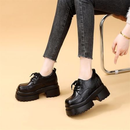 新款春季英伦风厚底内增高百搭显瘦女圆头系带黑色乐福小皮鞋单鞋