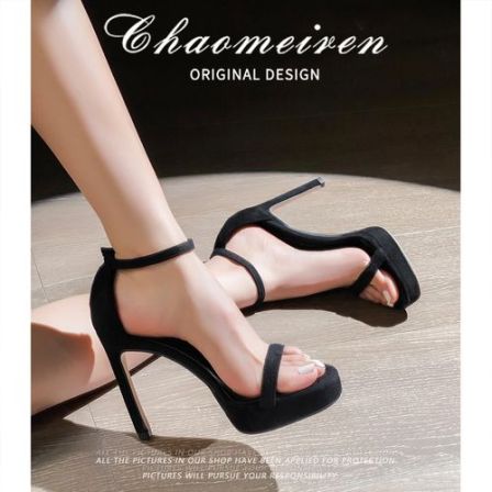 2026新款夏季网红高跟鞋一字带性感百搭性感细跟黑色防水台凉鞋女