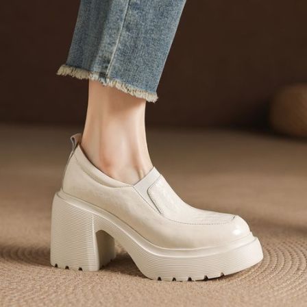 修悦10厘米小个子防水台高跟鞋英伦复古小皮鞋松紧口一脚蹬乐福鞋