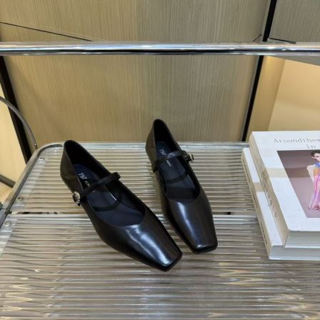 T97【胎牛版】时尚法式气质方头设计感低跟浅口一字带单鞋G3372