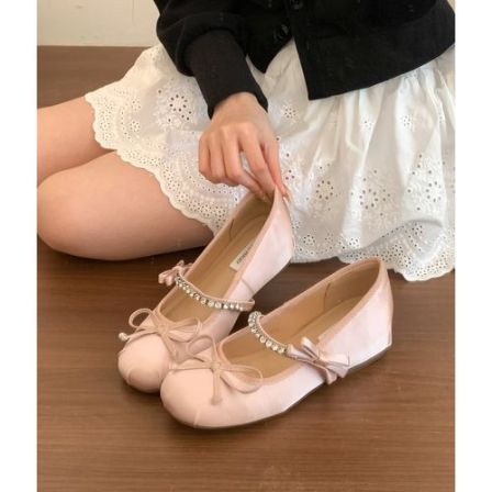 4CM内增高！法式芭蕾舞鞋女春秋蝴蝶结水钻一字带玛丽珍浅口单鞋