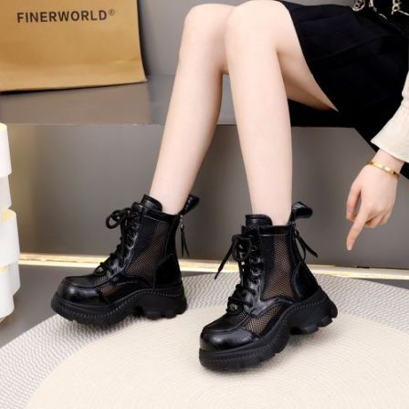 真皮网面马丁靴女2026春夏新款时尚网纱短靴厚底轻便显瘦透气网靴