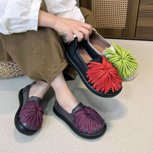 2026年春夏新款头层牛皮流苏厚底单鞋中跟圆头复古设计感真皮女鞋主图