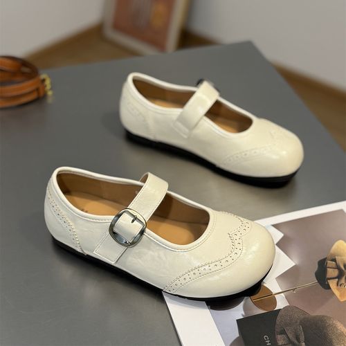 魔术贴一字带玛丽珍女鞋2026春季新款平底浅口法式雕花布洛克单鞋主图