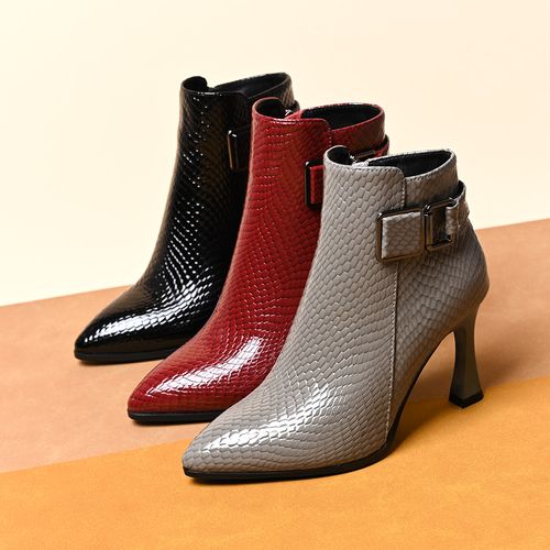 头层牛皮尖头高跟气质款秋冬季新款细跟侧拉链蛇纹瘦瘦靴时尚靴子主图