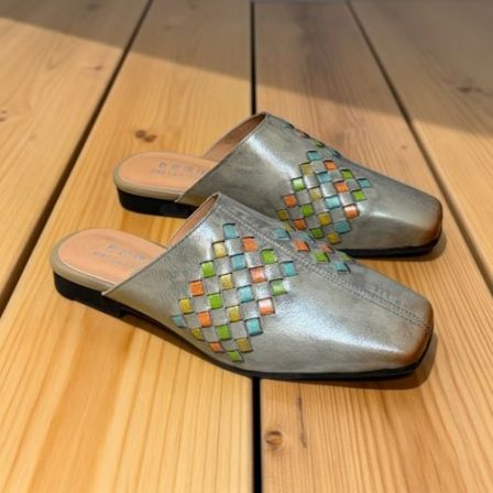 时尚休闲百搭夏季平底包头半拖透气软底牛皮女拖鞋复古方头舒适