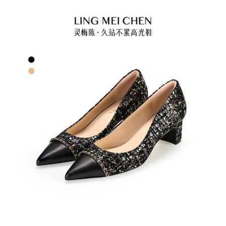 达享【花色小香】春季时尚优雅粗跟百搭法式尖头通勤高跟鞋