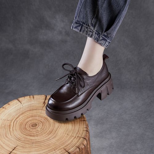 真皮复古小皮鞋女2026春季新款粗跟厚底增高英伦风系带轻奢单鞋女主图
