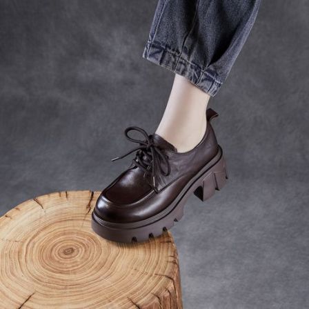 真皮复古小皮鞋女2026春季新款粗跟厚底增高英伦风系带轻奢单鞋女