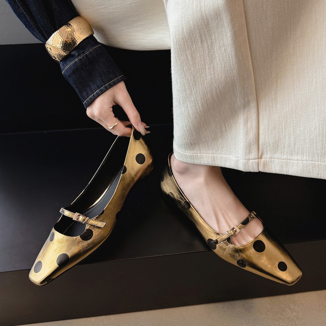 范戈希内增高2cm牛皮方头极简风浅口波点复古气质百搭单鞋买1赠3主图