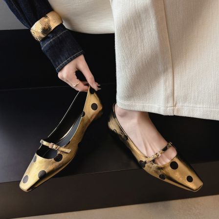 范戈希内增高2cm牛皮方头极简风浅口波点复古气质百搭单鞋买1赠3