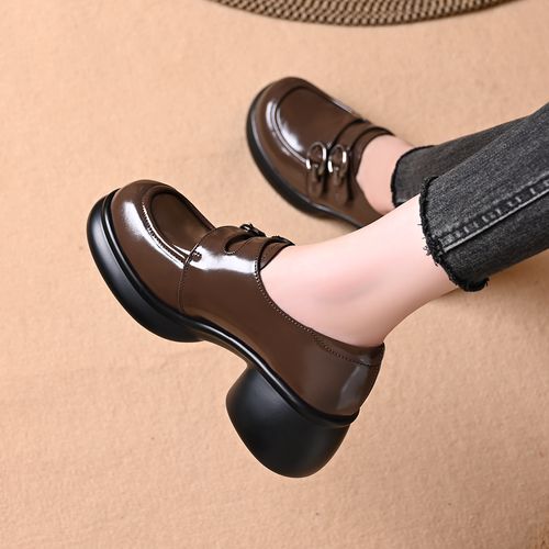 英伦风圆头秋季新款厚底深口单鞋女双排扣贴粗跟时尚百搭女式单鞋主图