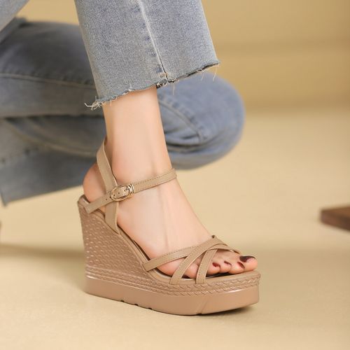 10cm舒适厚底坡跟凉鞋一字带夏季露趾超高跟百搭真皮时尚鞋子主图