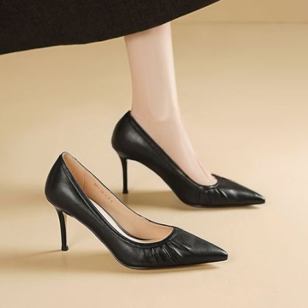 七月家 7CM 春季新款浅口细跟真皮单鞋女气质百搭通勤