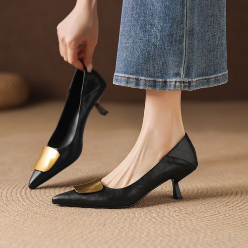 七月家 4CM 尖头细跟浅口真皮单鞋女气质百搭通勤复古风主图